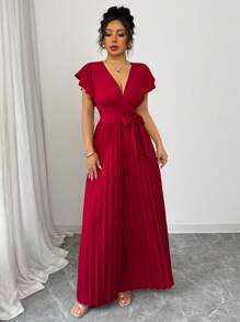Elenzga Nuevo mono para mujer con cuello en V, mangas campana con volantes, pierna ancha fruncida, estilo ceñido y acampanado, para uso casual, viajes, fiestas, citas, elegante y de ajuste ceñido