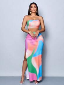 SOLERSUN Spring And Summer Women's Elegant Asymmetrical Colorblock Print Sleeveless Tube Top & Split Maxi Skirt Knit Two-Piece Set, Casual Party Wear