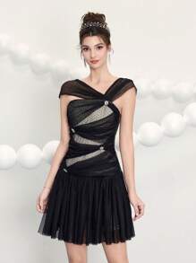 Poshira Niche Design Textured Asymmetrical Neck Bustier Polka Dot Mesh Cinched Waist A-Line Party Dress, Wedding Guest Dress For Women, Party Dress, Formal Birthday Dress, Cocktail Dresses, Women Evening Gown, Elegant Dress, Prom Dress