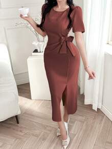 DAZY 夏季通勤蝴蝶结装饰前开衩褶皱中长连衣裙女士优雅太阳裙红色女士连衣裙 - 酒紅色 - 查看 3