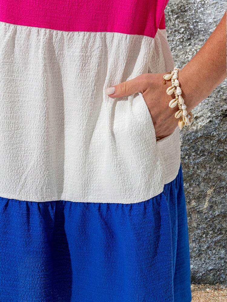Plus Size Women V-Neck Ruffle Hem Loose Fit Short Puff Sleeve Colorblock Dress Summer Outfits For Women Tropical Vacation Woman Clothes Oversize Beach