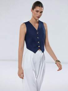 SHEIN Privé Women's Commuter-Style V-Neck Hemline Split Metallic Button Denim Effect Cropped Top - Blue - View 5