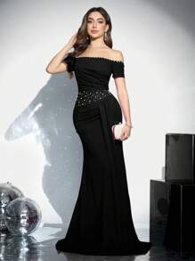 Coutiva Robe de soirée formelle avec épaules dénudées, perles artificielles et taille ornée, robe de fête, robe pour invité de mariage, robe de cérémonie