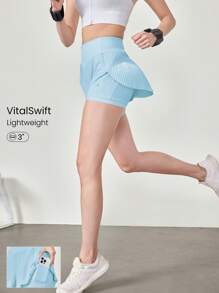 GLOWMODE 3" VitalSwift Speedwork Quick-Dry High-Rise Waist Pleated Skirt Style Running Shorts With Side Zip Pockets Built-In Shorts Medium Impact Running Jogging Training Gym Workout - Baby Blue - View 1