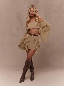 MISSGUIDED Váy Mini Xếp Ly Thanh Lịch Phong Cách Boho Lễ Hội Mùa Hè Bãi Biển Tiệc Khiêu Vũ Quấn Quanh Người Phồng Nếp Xẻ Tà Bên Hông Đồ Đi Biển Nghỉ Mát Thời Trang Mùa Xuân - Màu nâu  Mocha - Xem 4
