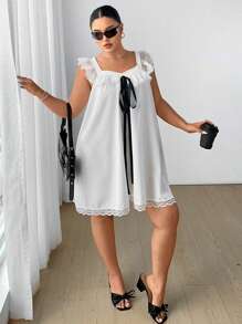 Flirla Plus Size Women's Bowknot Colorblock Ruffled Lace Hem Loose Dress - White - View 5