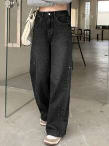DAZY Women's Casual Washed Rhinestone Embellished Wide Leg Jeans