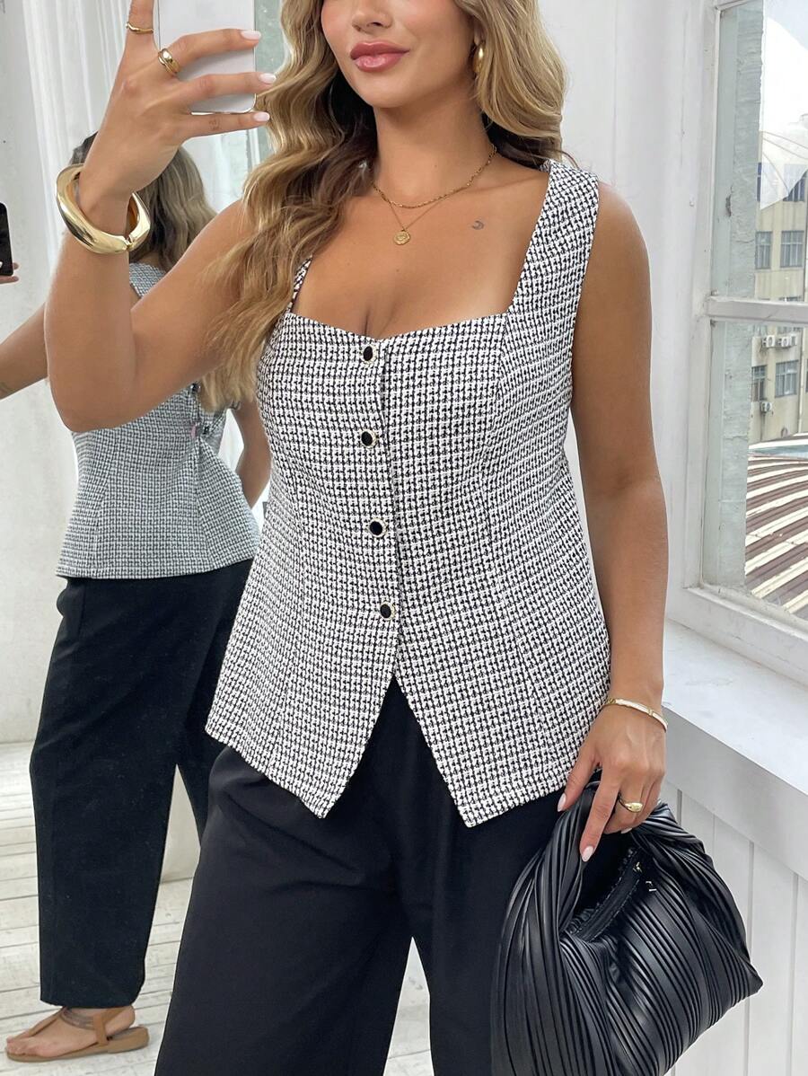 SHEIN Clasi Áo khoác blazer dáng ôm cổ vuông không tay kiểu Pháp thanh lịch cho nữ cỡ lớn - màu đen - Xem 1