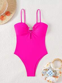 Swim EVENT 1pc Spring Break Solid Magenta Color One-Piece Serpentine Sexy Avant-Garde Bikini Swimsuit For Women For Summer Beach Vacation - Hot Pink - View 7