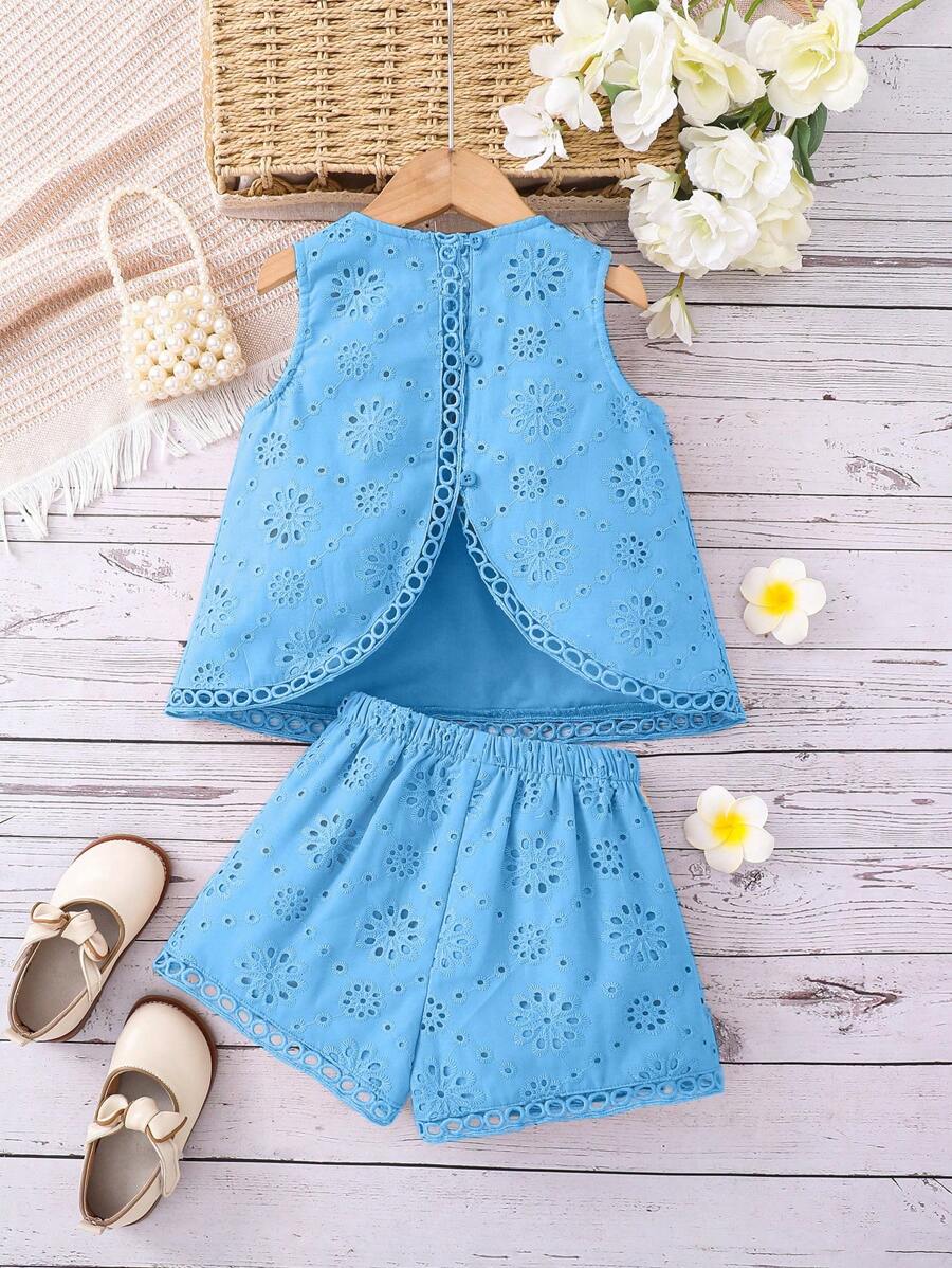 SHEIN Leap Crew Young Girl Round Neck Splice Lace Trim Top With Splice Lace Trim Shorts, Hollow-Out Embroidery 2 Pieces Set - Blue - View 1