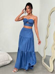 Rafferiza Set de 2 piezas Vestido de vacaciones para mujer con top bandeau azul elegante con twist y falda larga plisada, para primavera/verano - Azul - Ver 3