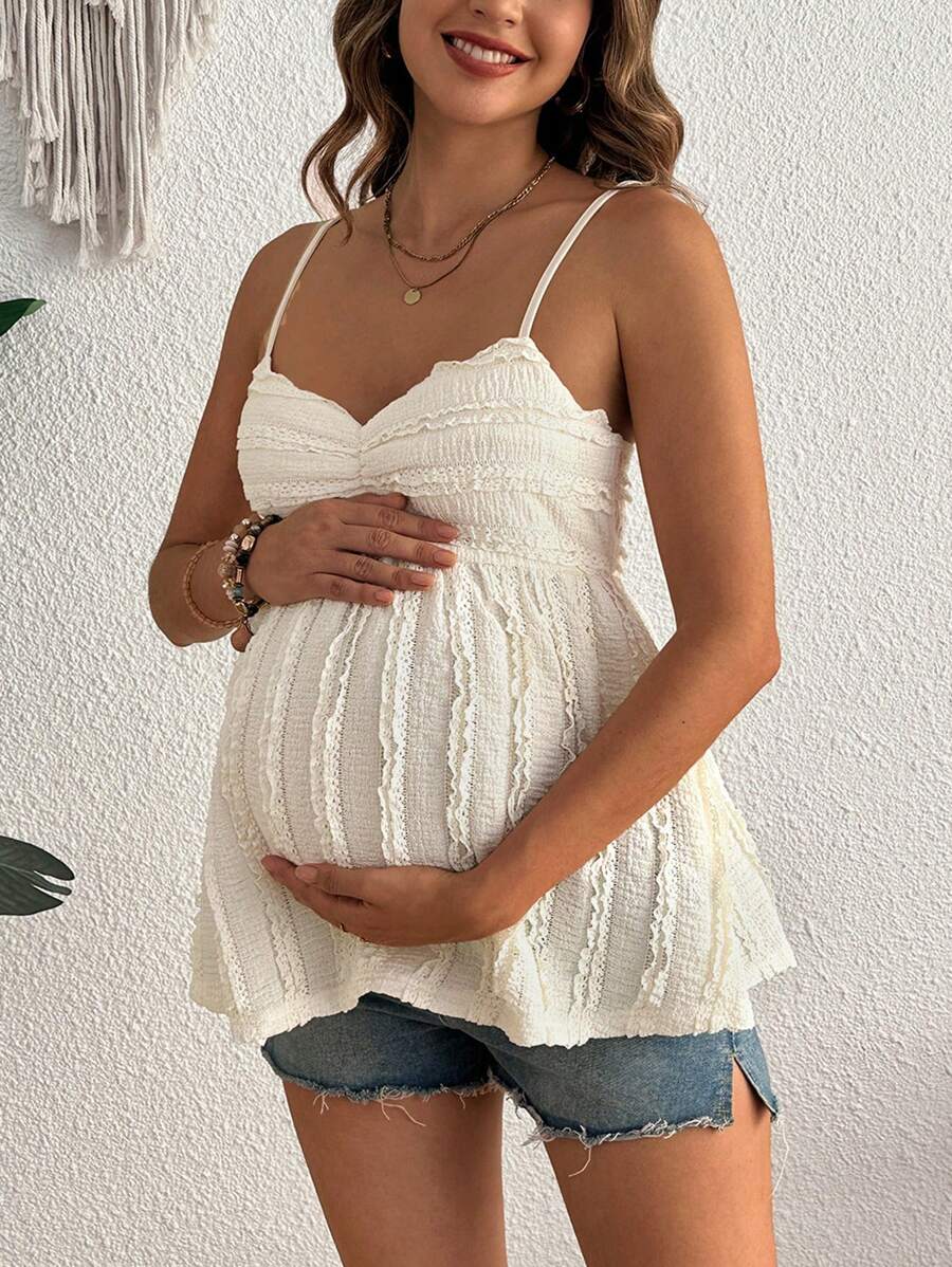 SHEIN 孕妇时尚褶皱设计纯色蕾丝吊带背心