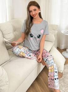 Conjunto de pijama de pantalón y manga corta con estampado de gato lindo para mujer - Multicolor - Ver 3