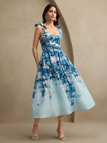 Anewsta Light Blue Floral Summer Elegant Garden Party Holiday,Women Floral Print Tied V-Neck Waist Flare Long Dress,Stylish Festival Vacation Sun Dresses - Blue - View 4