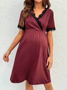 SHEIN 孕妇 V 领短袖哺乳连衣裙，配撞色蕾丝 - 酒紅色 - 查看 7