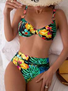 SHEIN Swim Tropical Print Soft Cup Bikini Set, Beach Vacation