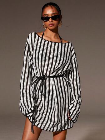 Athîral 女士条纹圆领落肩宽松长袖休闲迷你连衣裙