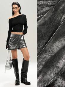 LYSMO Women's Metal Texture Pleated Loose Fashion Culottes - Silver - View 1