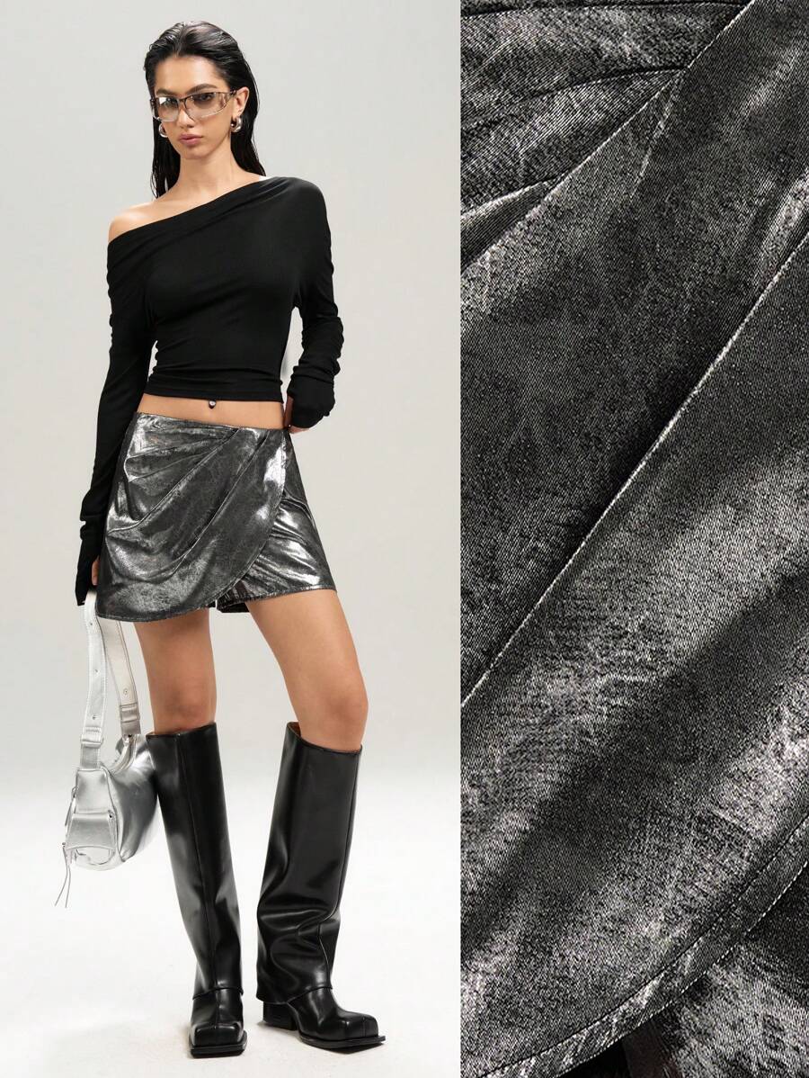 LYSMO Women's Metal Texture Pleated Loose Fashion Culottes - Silver - View 1