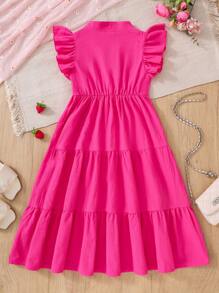 SHEIN Girls' Summer V-Neck Ruffled Short Sleeve Solid Casual Dress,Holiday,Summer,Travel - Hot Pink - View 2