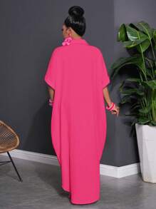Slaydiva Plus Size Women 3/4 Sleeve Button Down Loose Fit Shirt Dress - Hot Pink - View 2