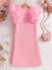 Tween Girl Solid Color Multi-Layer Ruffle Hem Fashion Dress - Pink - View 2
