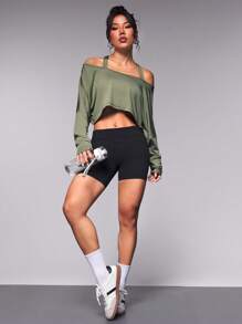 SHEIN Sport Studio Women's Solid Color Backless Halter Batwing Short Sleeve Outdoor Sports T-Shirt
