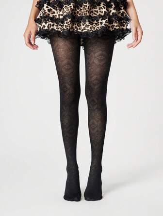 Fairycore 1 par de medias vintage de mujer estilo jacquard con estampado totémico negro, caladas, todo el año, anti-enganches