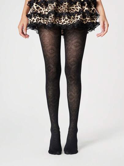 ROMWE Fairycore 1 双女士黑色图腾提花复古风格镂空紧身裤，防钩，适合所有季节