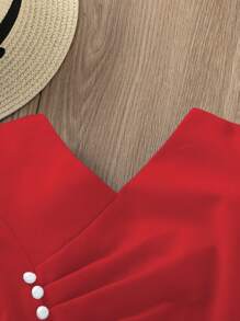 Jong meisje 2 stuks/set effen kleur pofmouw knoop taille shirt en broek outfit