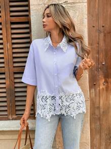 Chiquease 条纹花卉拼布休闲衬衫，简约时尚设计，适合日常穿着 - 藍色 - 查看 4