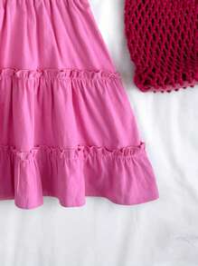 SHEIN Leap Crew Teen Girls Beach Vacation Elegant Pink Crinkle Texture Ruffled Camisole Top & Ruffle Hem Skirt 2 Pieces Set - Pink - View 4