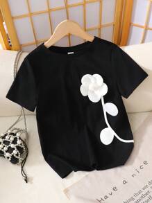 SHEIN Tween Girl Elegant Mock Neck Floral 3D Decor Short Sleeve T-Shirt - Black - View 7