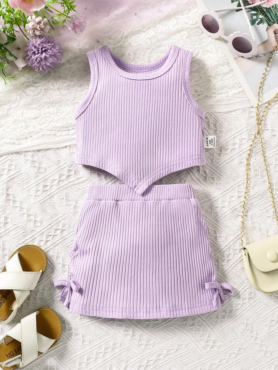 Baby Girls Asymmetric Hem Top And Pleated Skirt 2pcs Set, Elegant And Cute Infant Fashion Girls Outfit Sets
