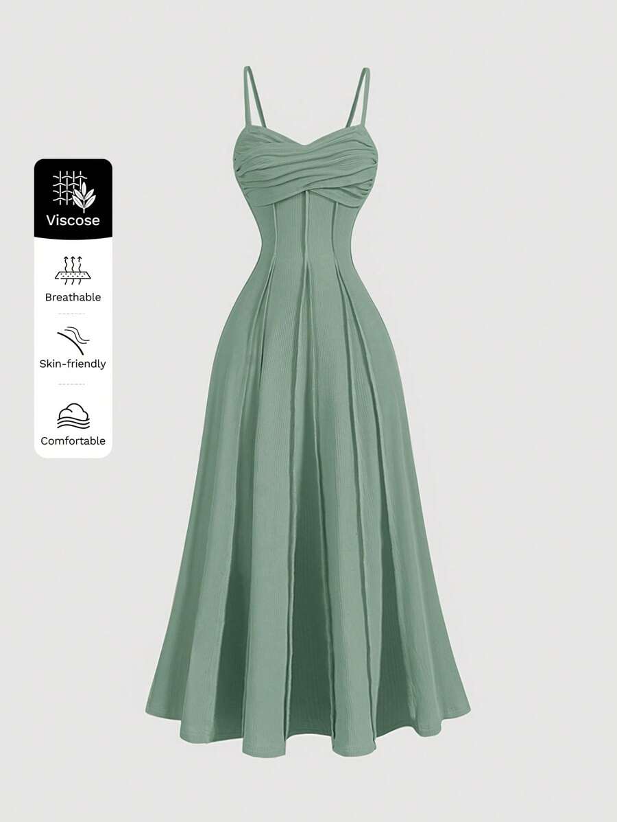 SHEIN MOD 1pc Women's Solid Color Spaghetti Strap Long Casual Dress, Minimalist Style - Green - View 1