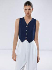 SHEIN Privé Women's Commuter-Style V-Neck Hemline Split Metallic Button Denim Effect Cropped Top - Blue - View 3