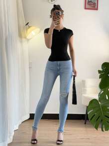 Chiquease Stylish Hollow Out Back Design Women's Summer Round Neck Drawstring Knit T-Shirt, Fitted Short Crop Top - Orange - View 3