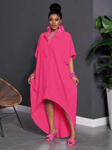 Slaydiva Plus Size Women 3/4 Sleeve Button Down Loose Fit Shirt Dress - Hot Pink - View 5