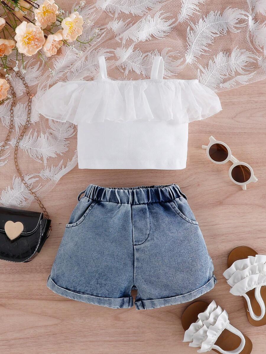 Baby Girls Elegant Sweet Cute White Off Shoulder Top With Blue Denim Washed Shorts Set, Summer
