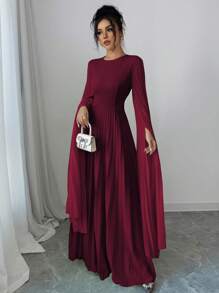 Elenzga 黄色圆领褶皱面料拼布腰部 A 字型优雅浪漫女式连衣裙 - 酒紅色 - 查看 4