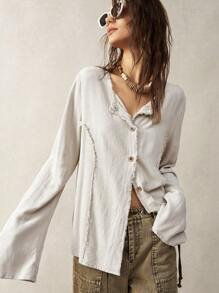 Bohemela Women's Solid Color Long Sleeve Single Breasted Vacation Casual Shirt - Grey - View 6