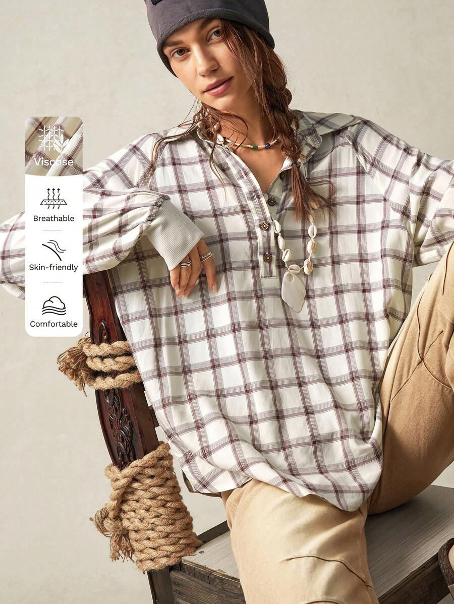 Bohemela Casual Woven Plaid Lapel Half-Open Dropped Shoulder Long Sleeve Loose Long Shirt For Women