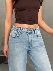 EURMUSE Jeans rectos y holgados con bolsillos, de uso casual y versátil para mujeres - Lavado ligero - Ver 4