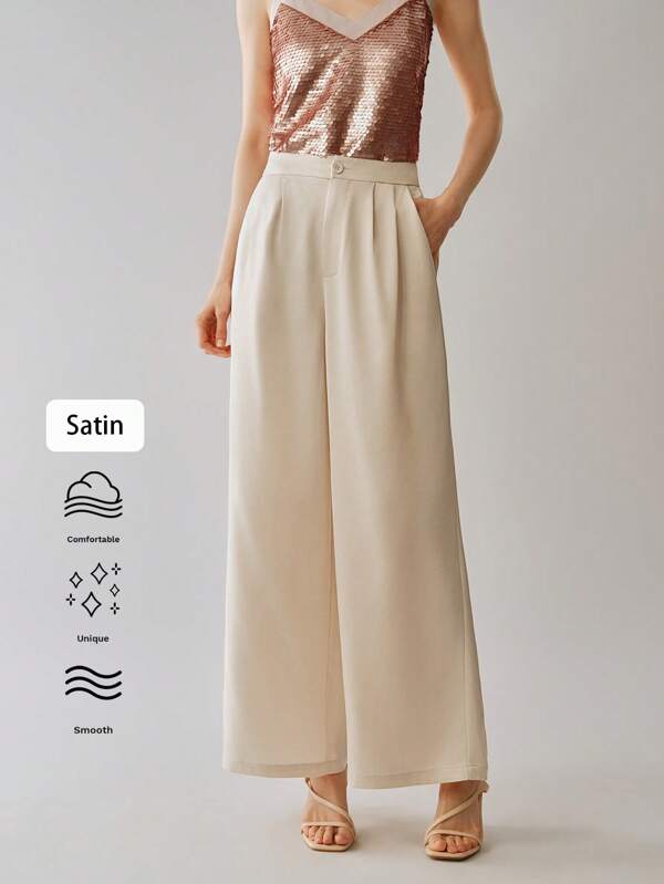 SHEIN LUNE Pantalones informales rectos de color liso tejidos para mujer