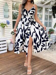 Breezaya Plus Size Floral Print Crossover V-Neck Waist Tie A-Line Slip Dress - Multicolor - View 6