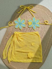 SHEIN Swim Mod 女士迷人花卉钩编披肩/罩衫，搭配裙子 - 彩色 - 查看 2