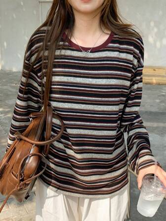 DAZY Women Striped Print Crew Neck Long Sleeve T-Shirt, Autumn Preppy Tops