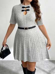 SHEIN Privé Plus Size Elegant Commute Workplace Intelligent High-End Venue Afternoon Tea Slightly Sexy Date Concert Party Round Neck Chest Bow Decor Cable Knitted Short Sleeve A-Line Academy Style Dress - Grey - View 5