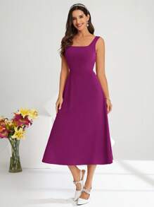 SHEIN Clasi 女士方领无袖优雅中长连衣裙，纯色 - 中紫紅色 - 查看 5