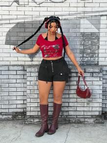 SHEIN ICON Plus Size Casual Denim Shorts, Fashionable For Summer Shorts For Women Denim - Black - View 3